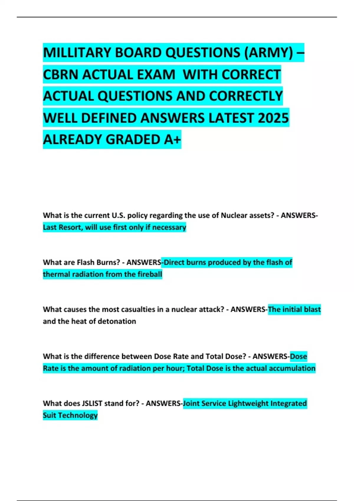 MILLITARY BOARD QUESTIONS (ARMY) - CBRN ACTUAL EXAM WITH CORRECT ACTUAL ...