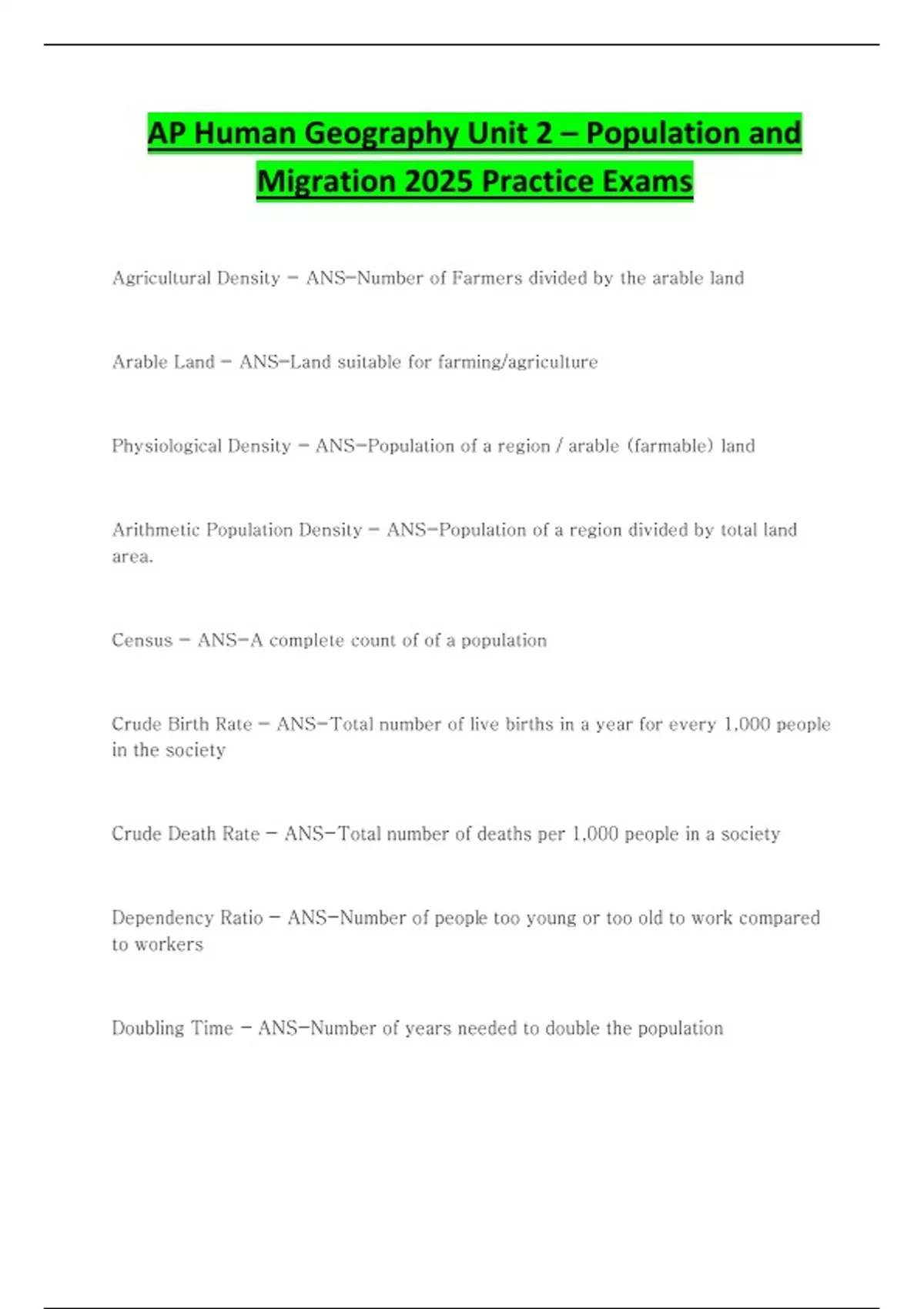 AP Human Geography Unit 2 – Population and Migration 2025 Practice ...