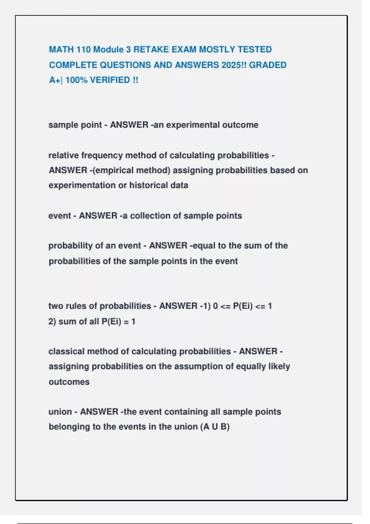 MATH 110 Module 3 RETAKE EXAM MOSTLY TESTED COMPLETE QUESTIONS AND ...