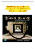 TEST BANK For Criminal Behavior&colon; A Psychological Approach 12th Edition &lpar;Bartol&rpar; Chapters 1 - 16&comma; Complete