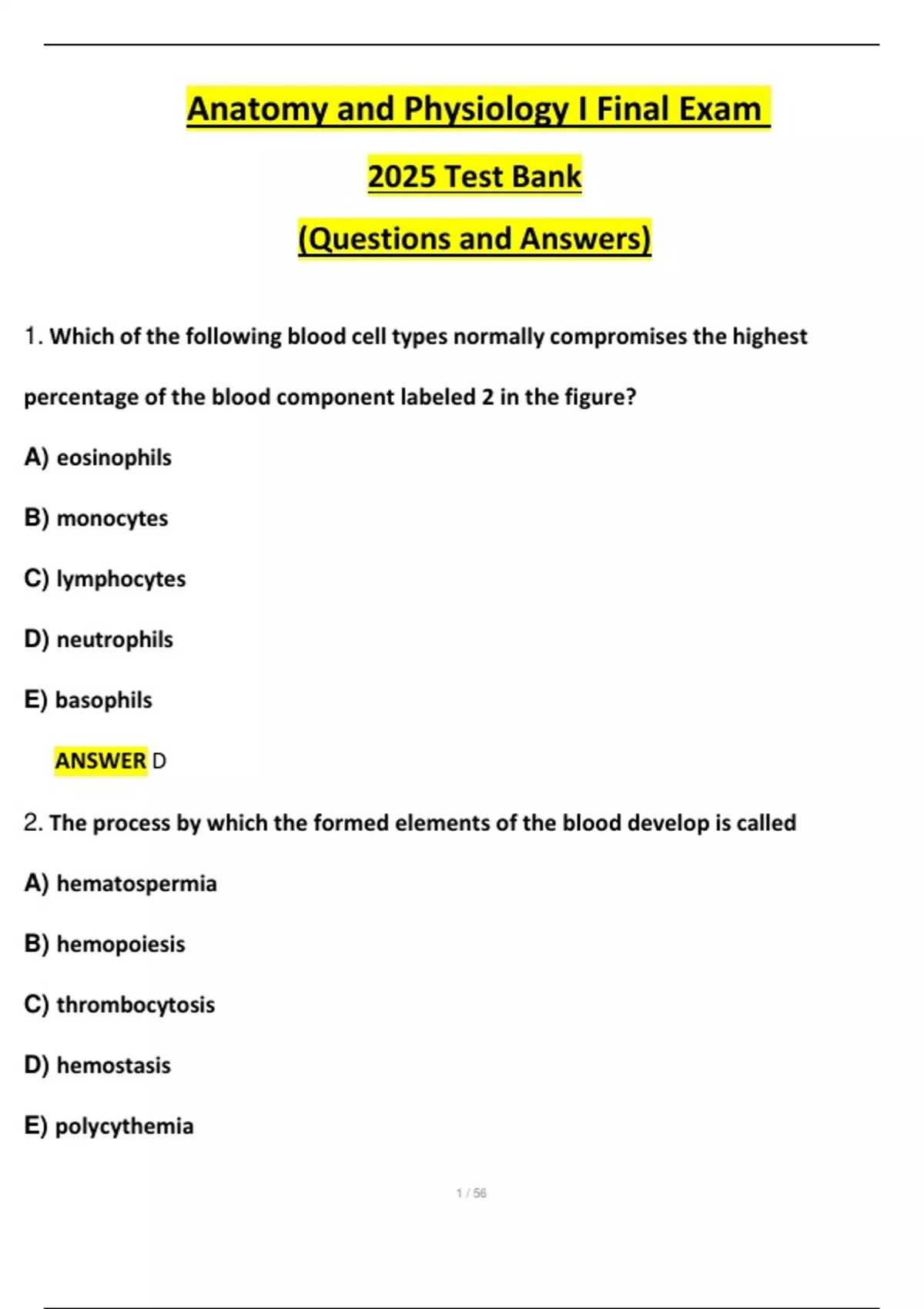 Anatomy and Physiology I Final Exam 2025 Test Bank(Questions and ...