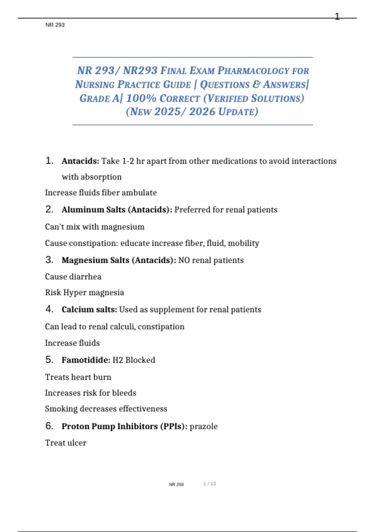 NR 293/ NR293 – Pharmacology for Nursing Practice Final Exam Guide with ...