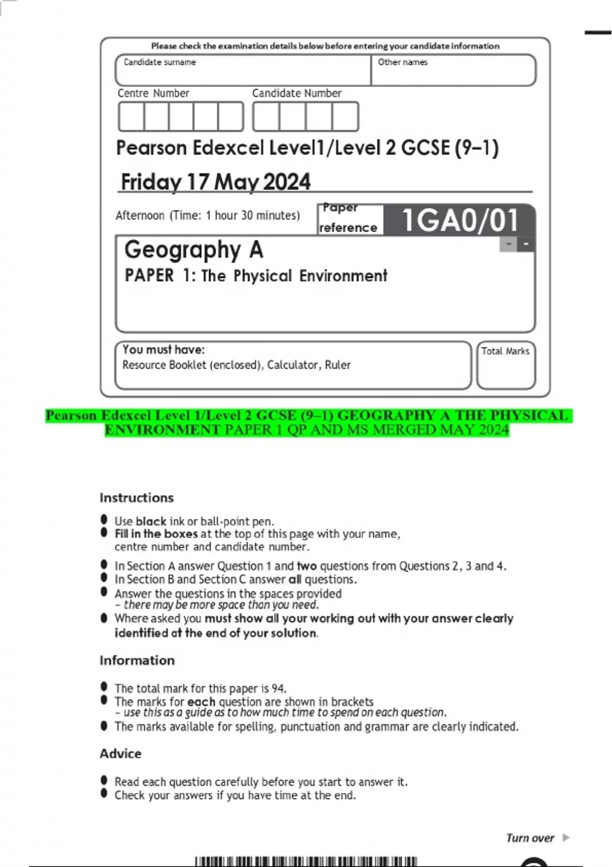 Pearson Edexcel Level 1/Level 2 GCSE (9–1) GEOGRAPHY A THE PHYSICAL ...