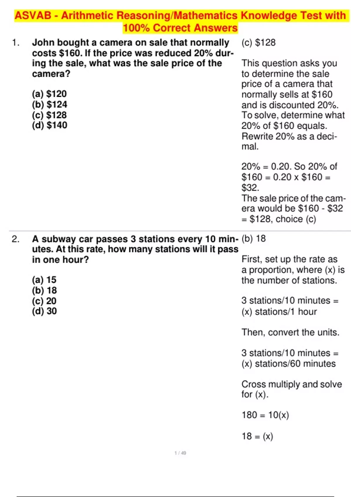 ASVAB - Arithmetic Reasoning/Mathematics Knowledge Test with 100% ...