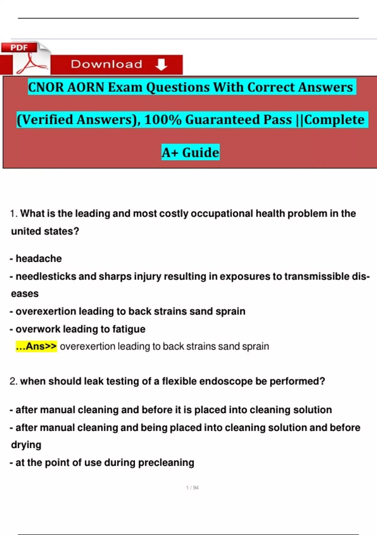 CNOR AORN Exam Questions With Correct Answers (Verified Answers), 100% ...