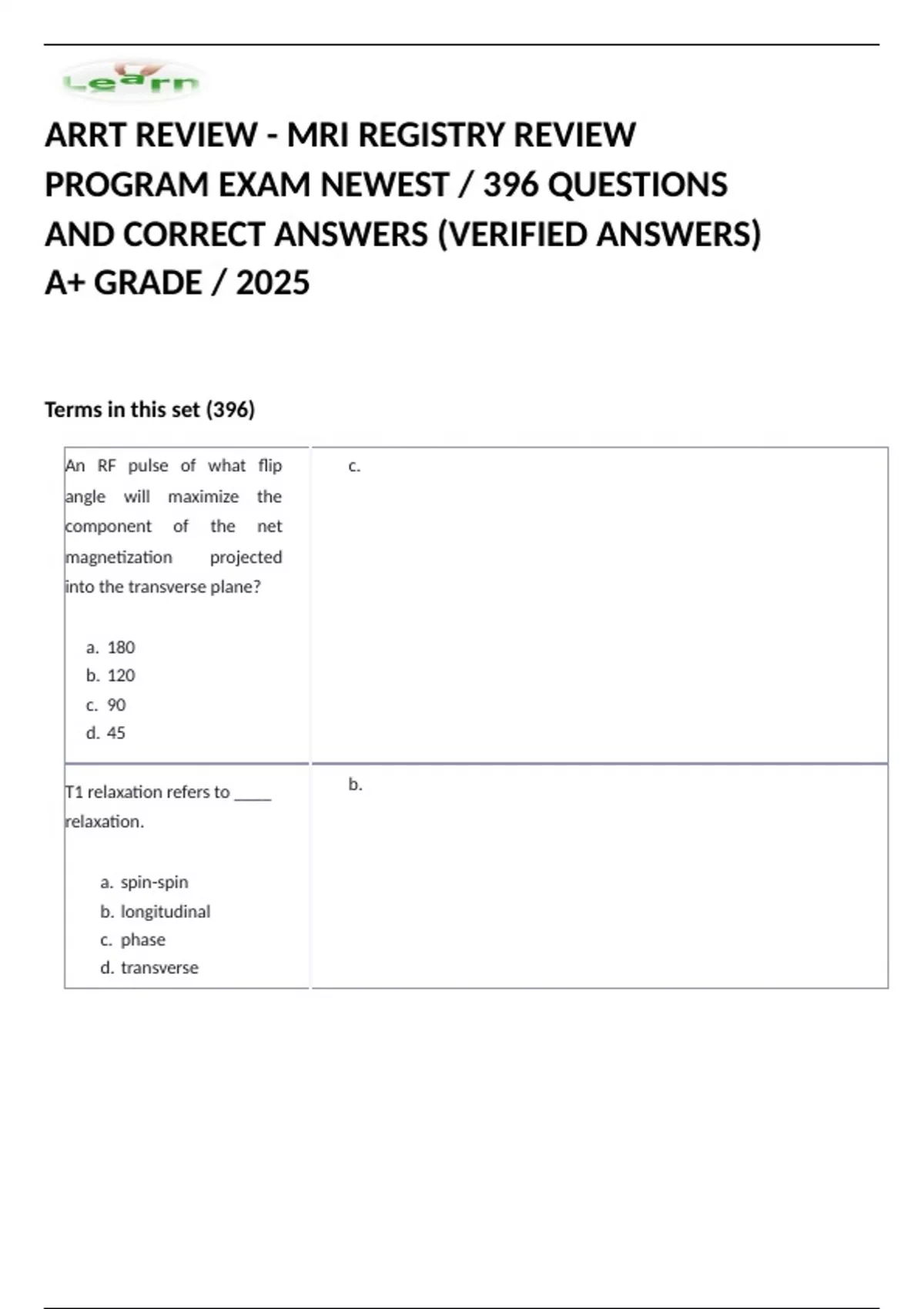 ARRT REVIEW - MRI REGISTRY REVIEW PROGRAM EXAM NEWEST / 396 QUESTIONS ...
