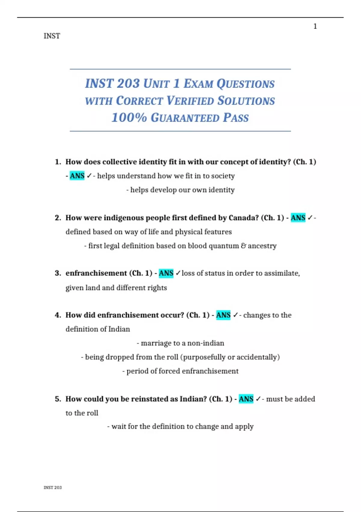 INST 203 UNIT 1 EXAM QUESTIONS WITH CORRECT VERIFIED SOLUTIONS 100% ...