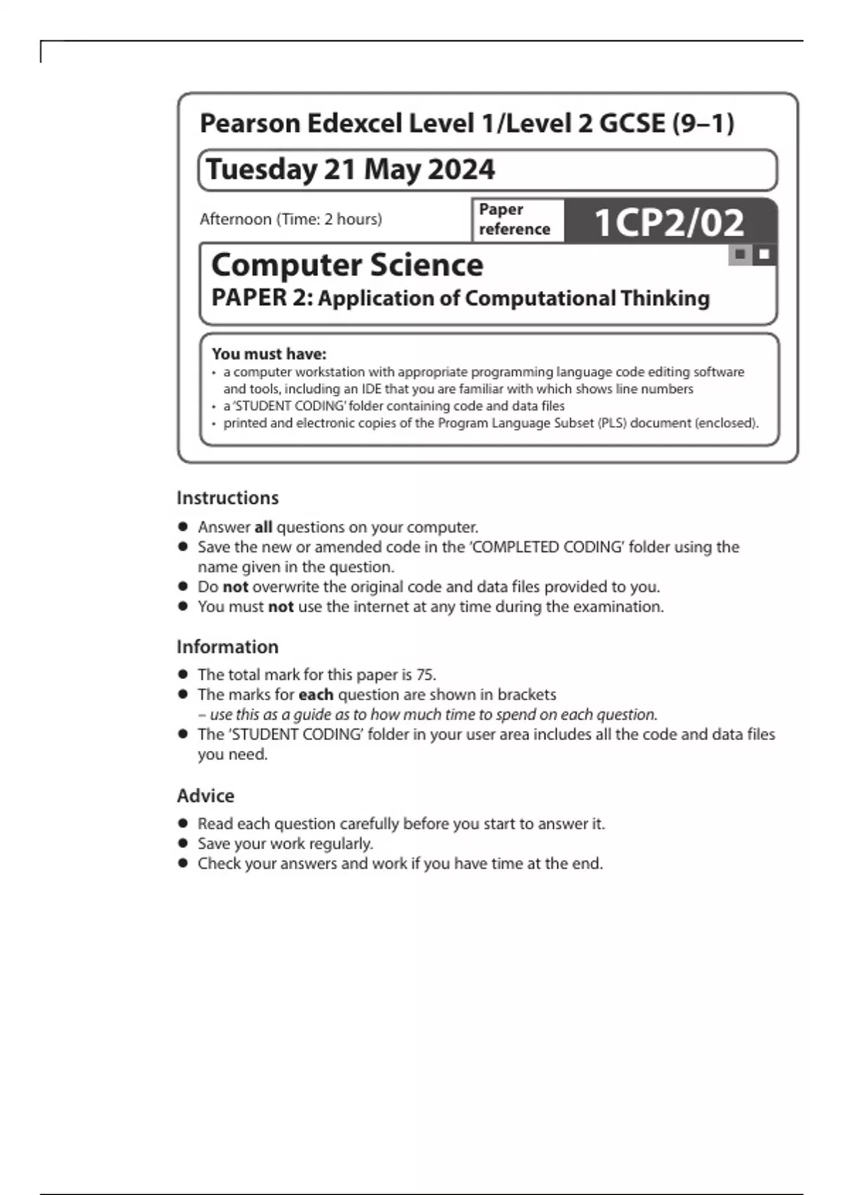 EDEXCEL COMPUTER SCIENCE GCSE JUNE 2024 PAPER 2 QP - 2024 PAPERS ...