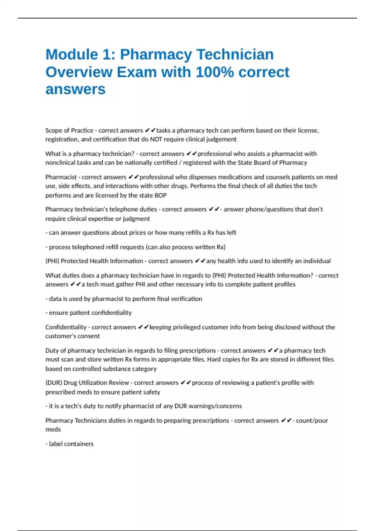 Module 1: Pharmacy Technician Overview Exam with 100% correct answers ...