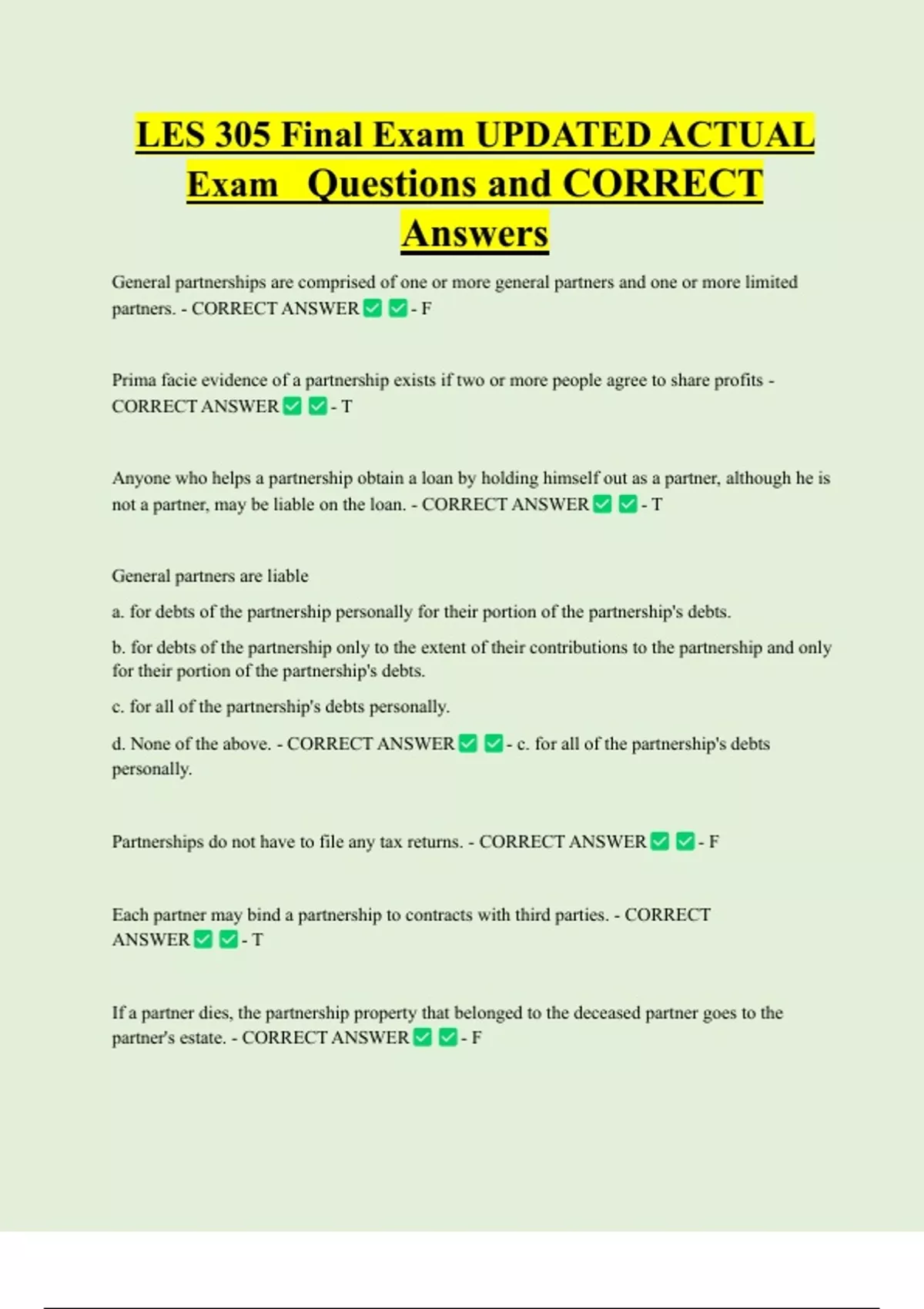 Updated Les Example LES 305 Final Exam UPDATED ACTUAL Exam Questions and CORRECT Answers ...