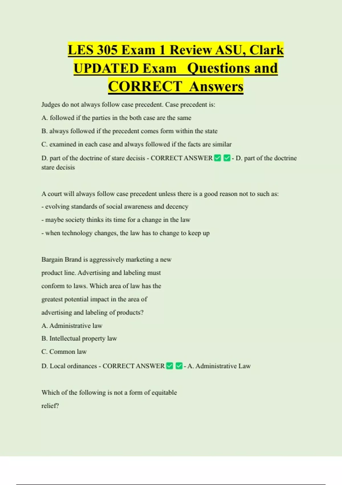 Updated Les Example LES 305 Exam 1 Review ASU, Clark UPDATED Exam Questions and CORRECT ...