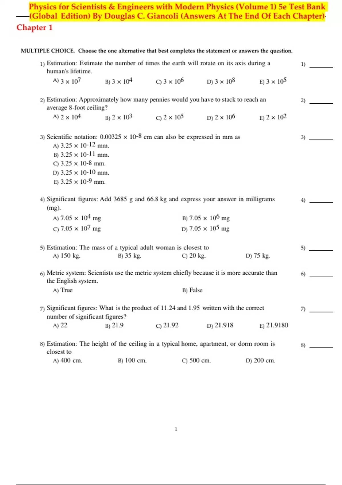 Test Bank Physics for Scientists & Engineers with Modern Physics ...