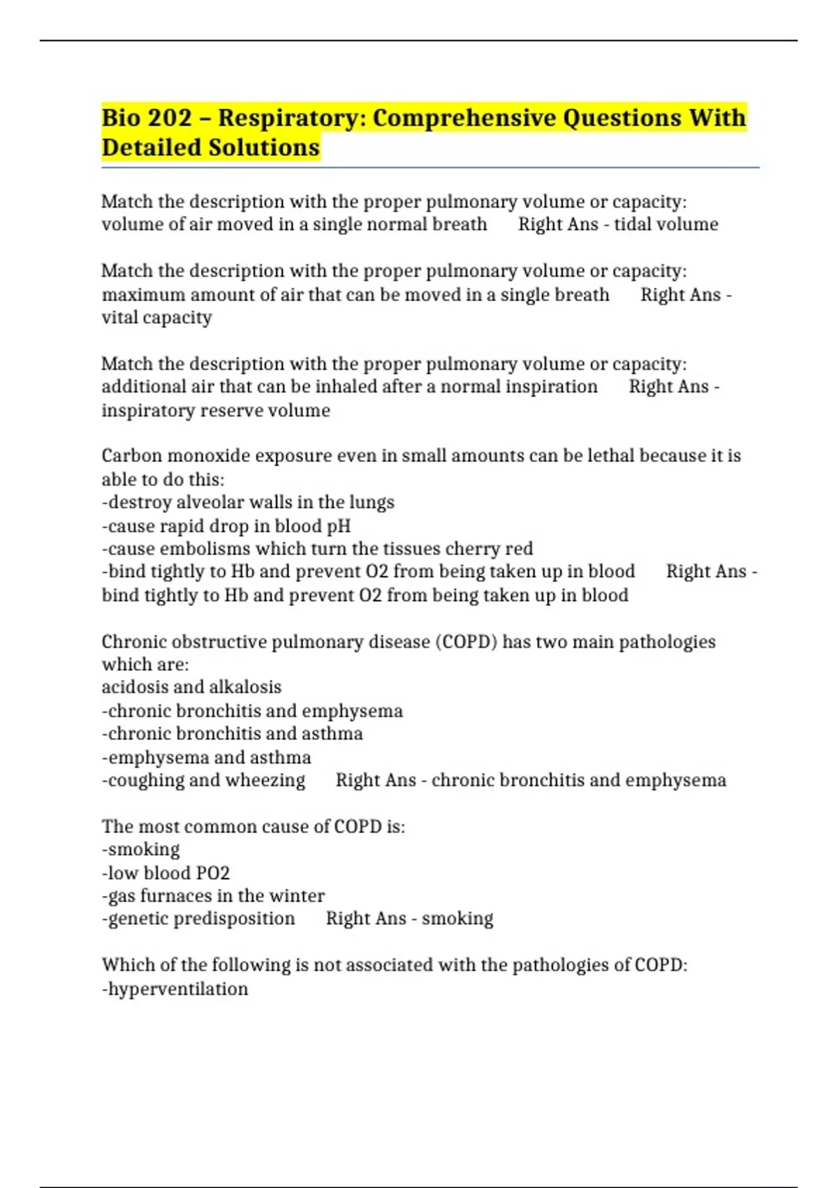 Bio 202 – Respiratory: Comprehensive Questions With Detailed Solutions ...