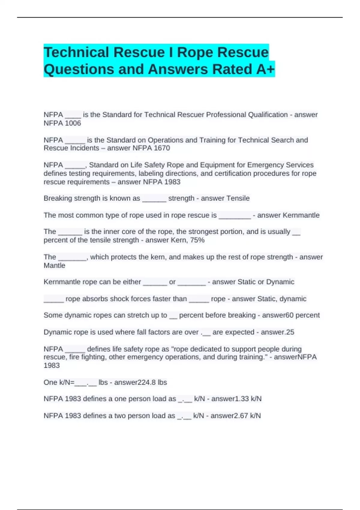 Technical Rescue| Rope Rescue Exam Test Compiled Bundle - Stuvia US