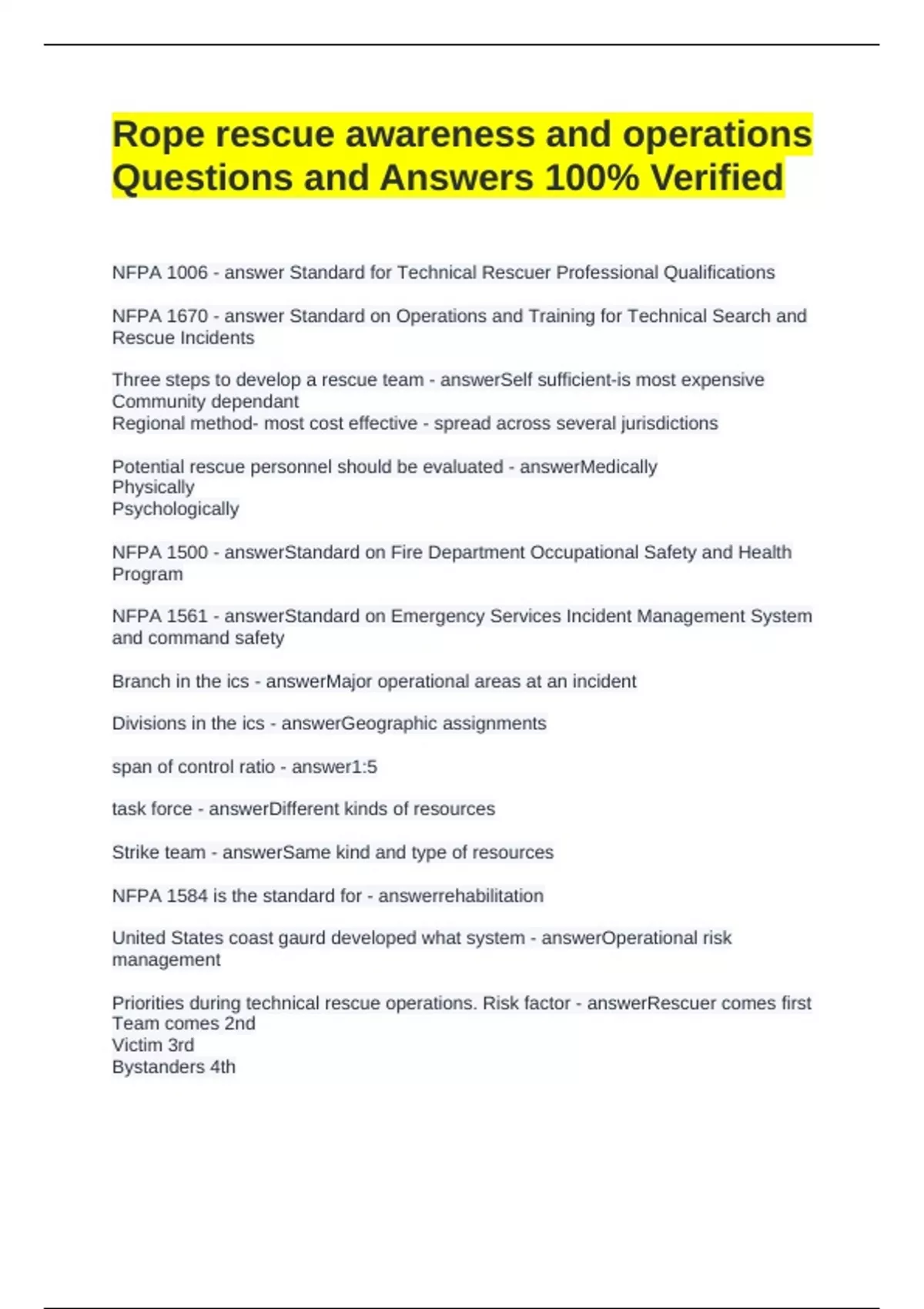 Job Application Rope Question Rope rescue awareness and operations Questions and Answers 100% ...