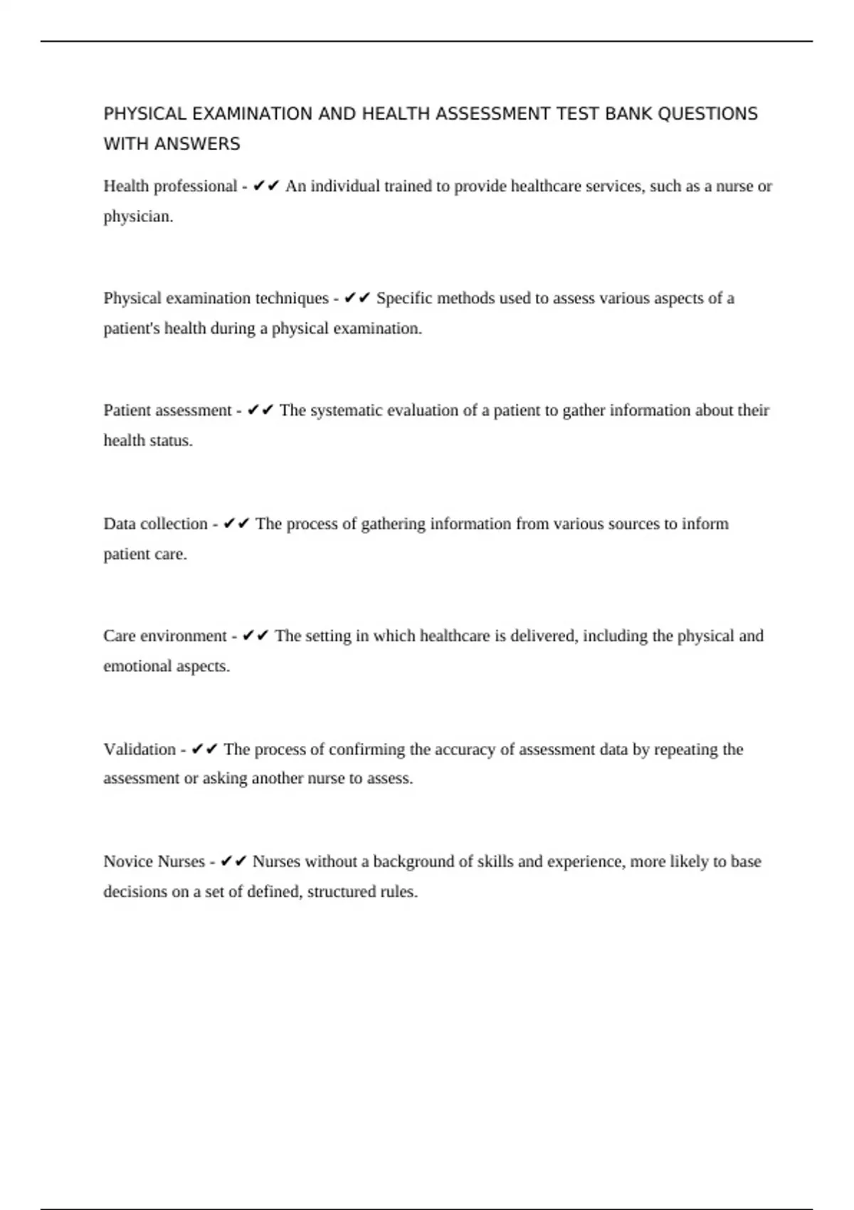 PHYSICAL EXAMINATION AND HEALTH ASSESSMENT TEST BANK QUESTIONS WITH ...