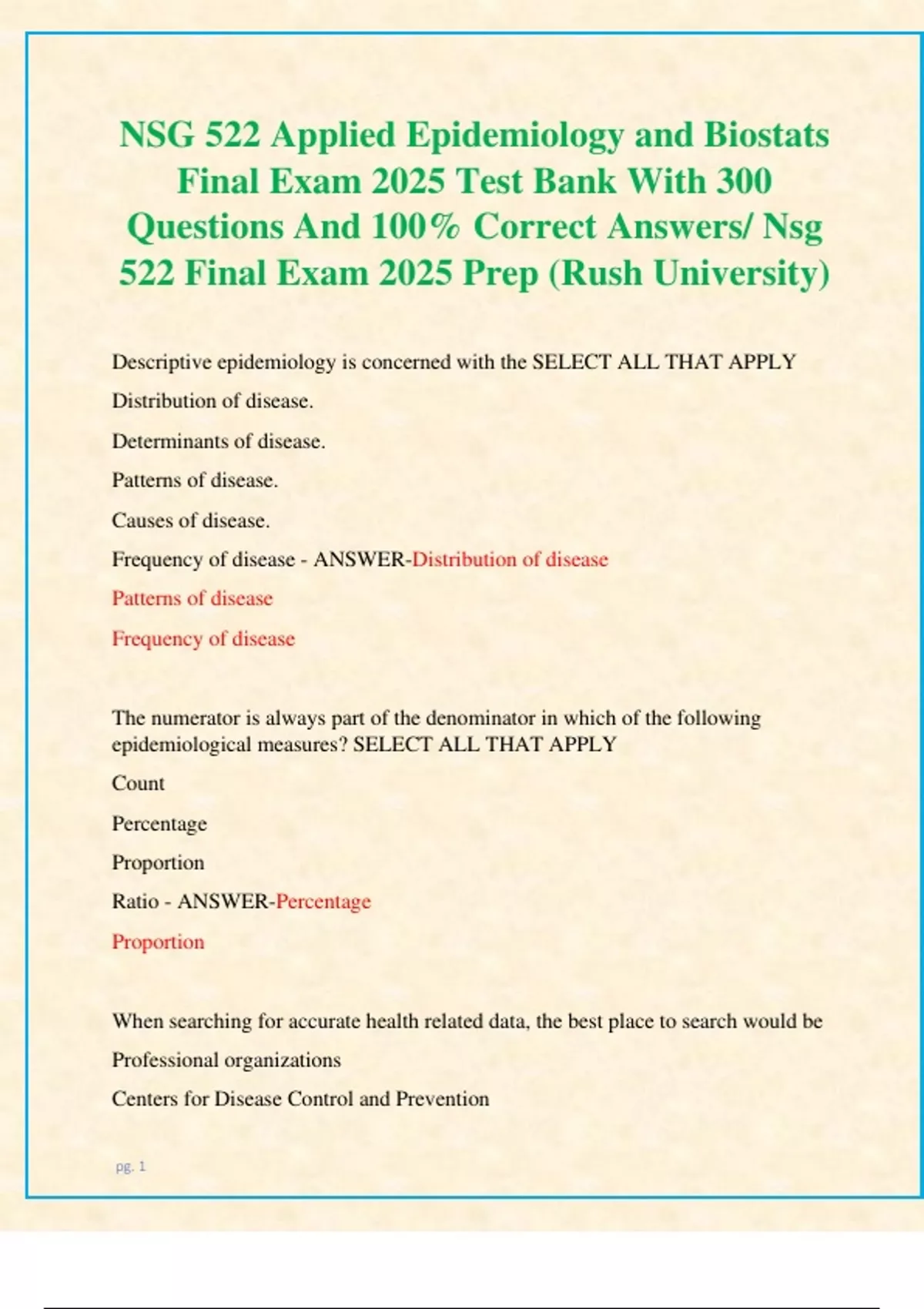 NSG 522 Applied Epidemiology and Biostats Final Exam 2025 Test Bank ...