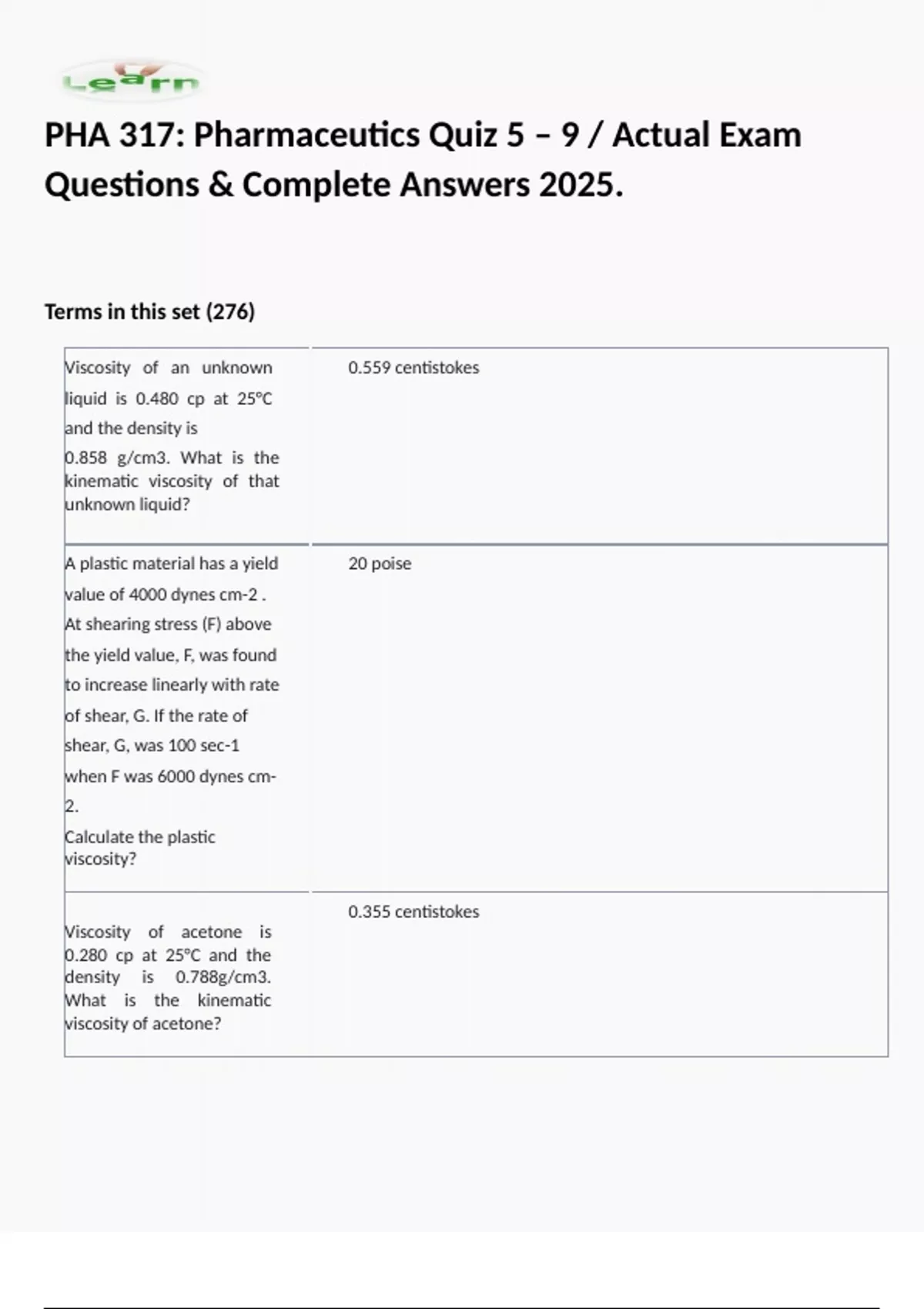 Phale Question. Answer PHA 317: Pharmaceutics Quiz 5 – 9 / Actual Exam Questions & Complete ...