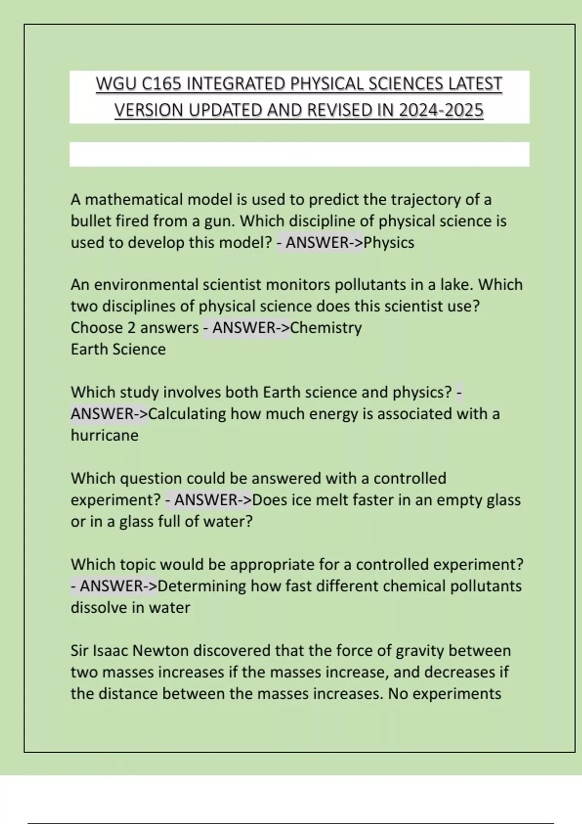 WGU C165 INTEGRATED PHYSICAL SCIENCES LATEST VERSION UPDATED AND ...