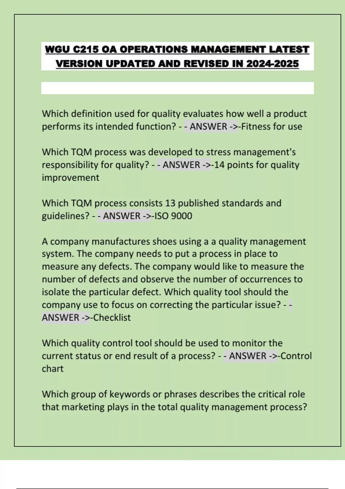 Wgu C215 Oa Operations Management Latest Version Updated And Revised In