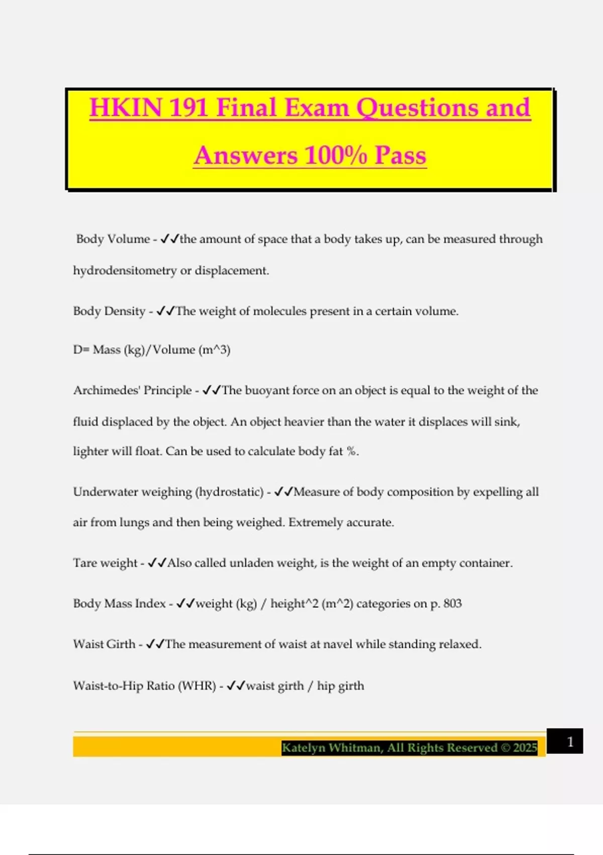 HKIN 191 Final Exam Questions and Answers 100% Pass - HKIN 191 - Stuvia US