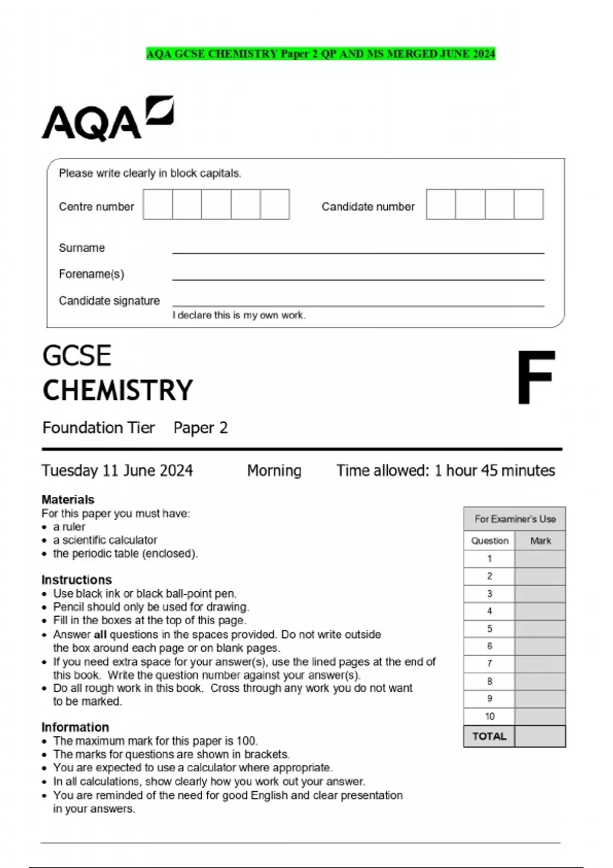 AQA GCSE CHEMISTRY Paper 2 QP AND MS MERGED JUNE 2024 - AQA - Stuvia US