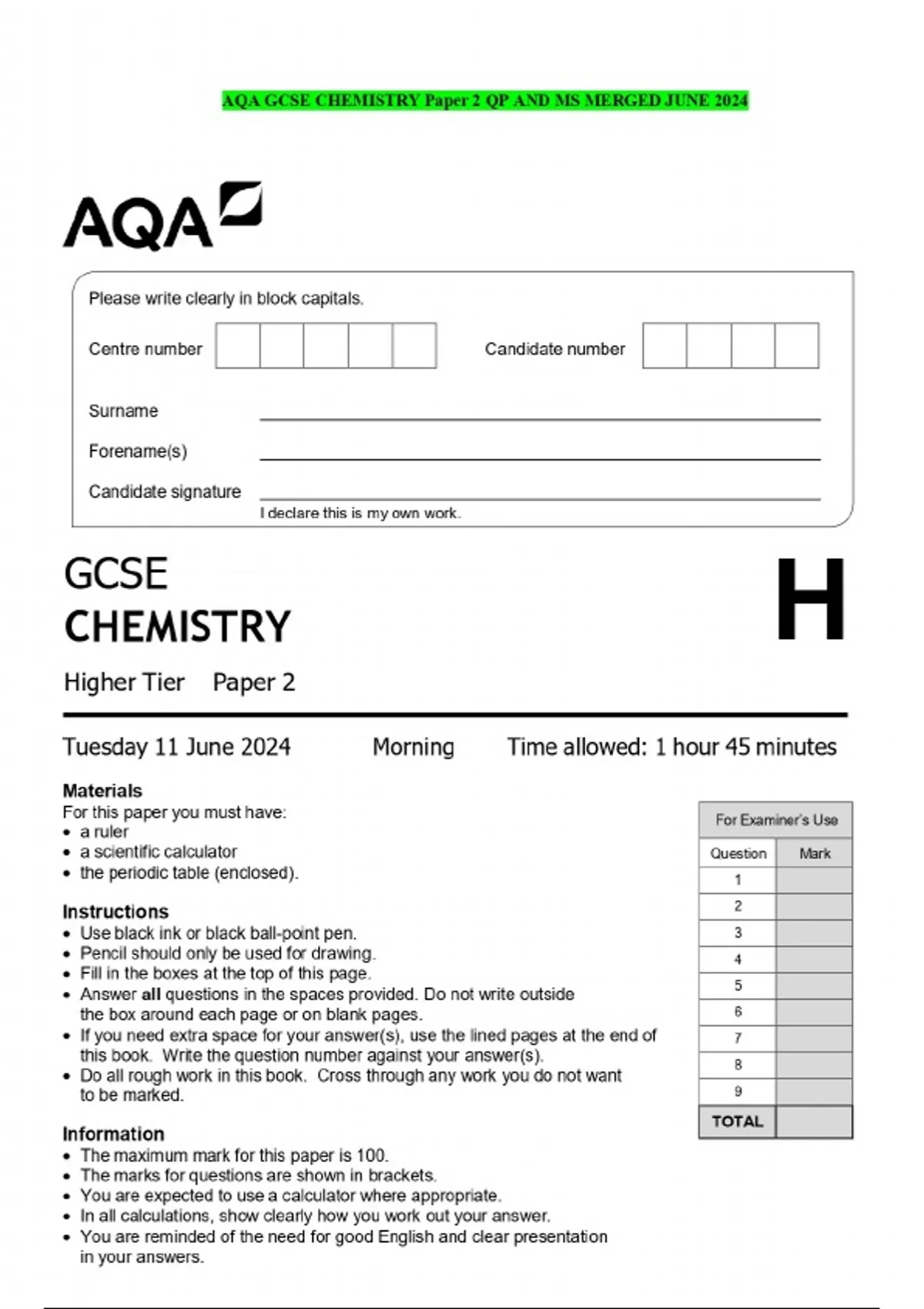 AQA GCSE CHEMISTRY Paper 2 QP AND MS MERGED JUNE 2024 - AQA - Stuvia US