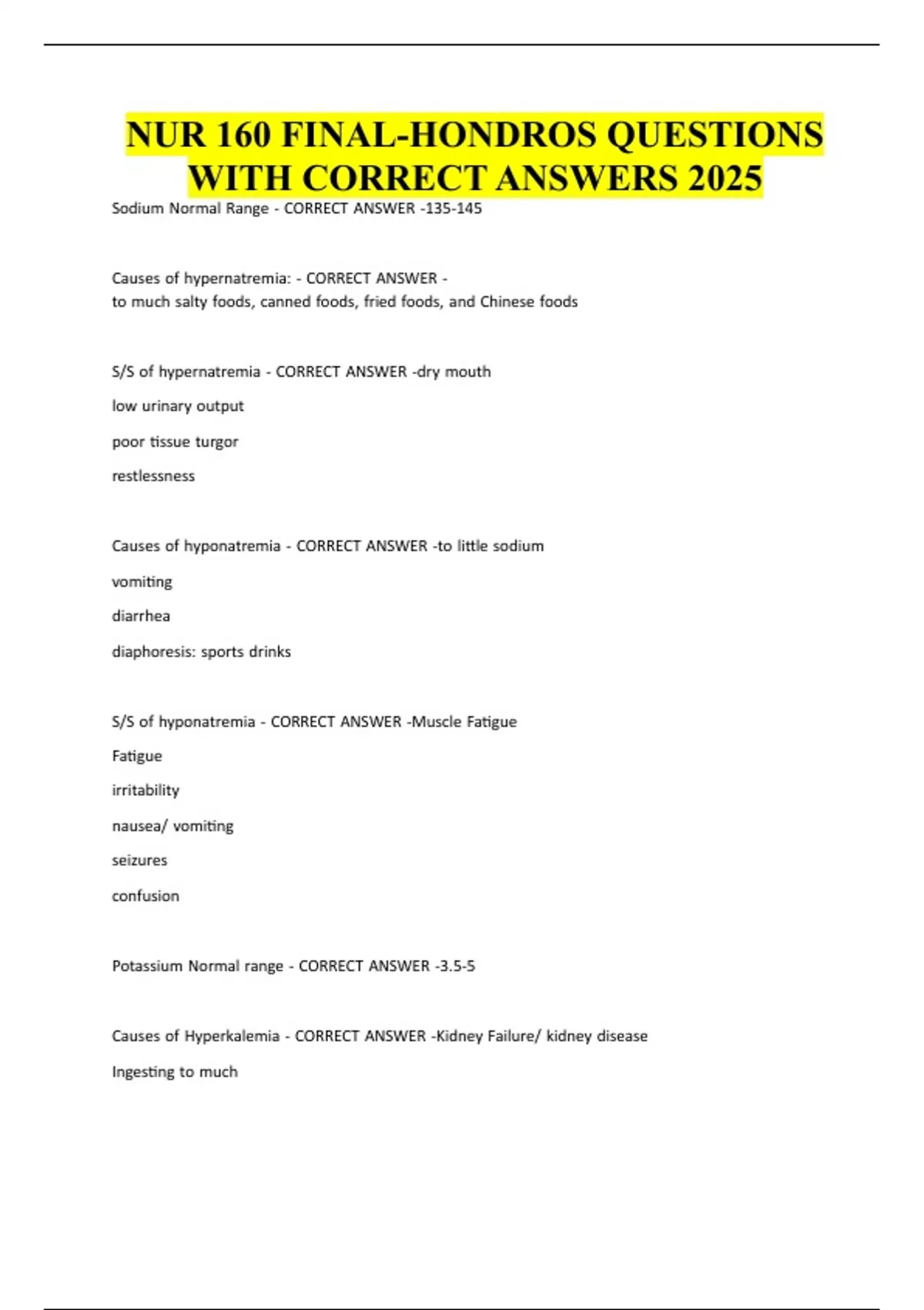 NUR 160 FINAL-HONDROS QUESTIONS WITH CORRECT ANSWERS 2025 - Hondros NUR ...