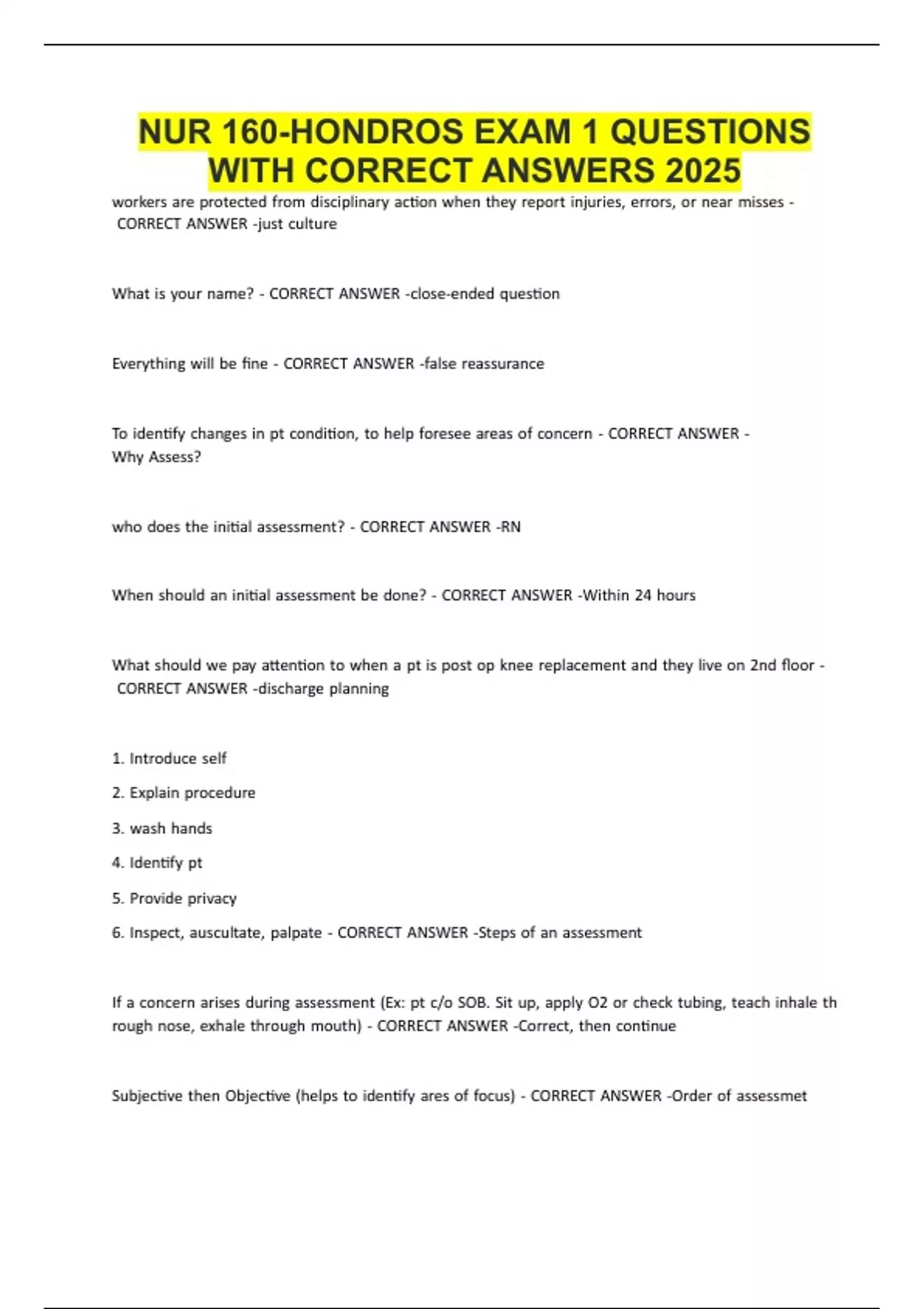 NUR 160-HONDROS EXAM 1 QUESTIONS WITH CORRECT ANSWERS 2025 - Hondros ...