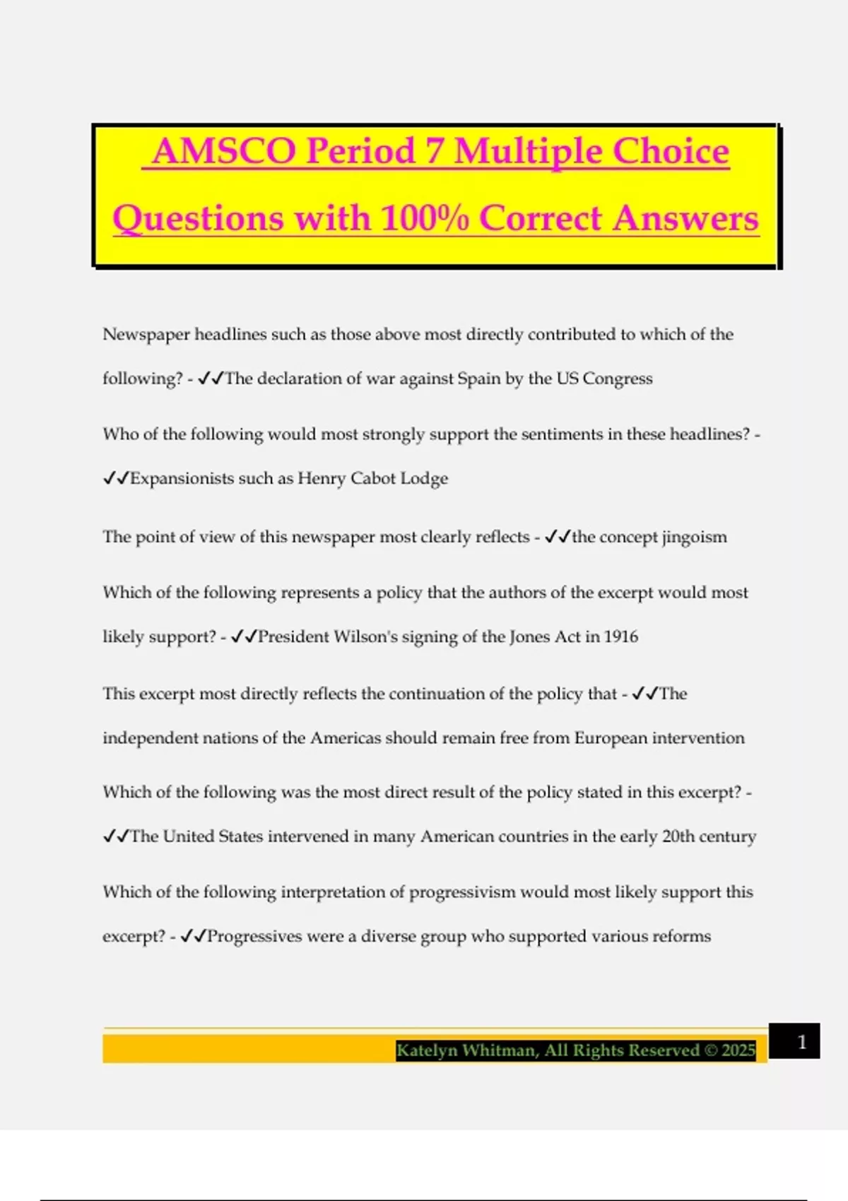 AMSCO Period 7 Multiple Choice Questions with 100% Correct Answers ...