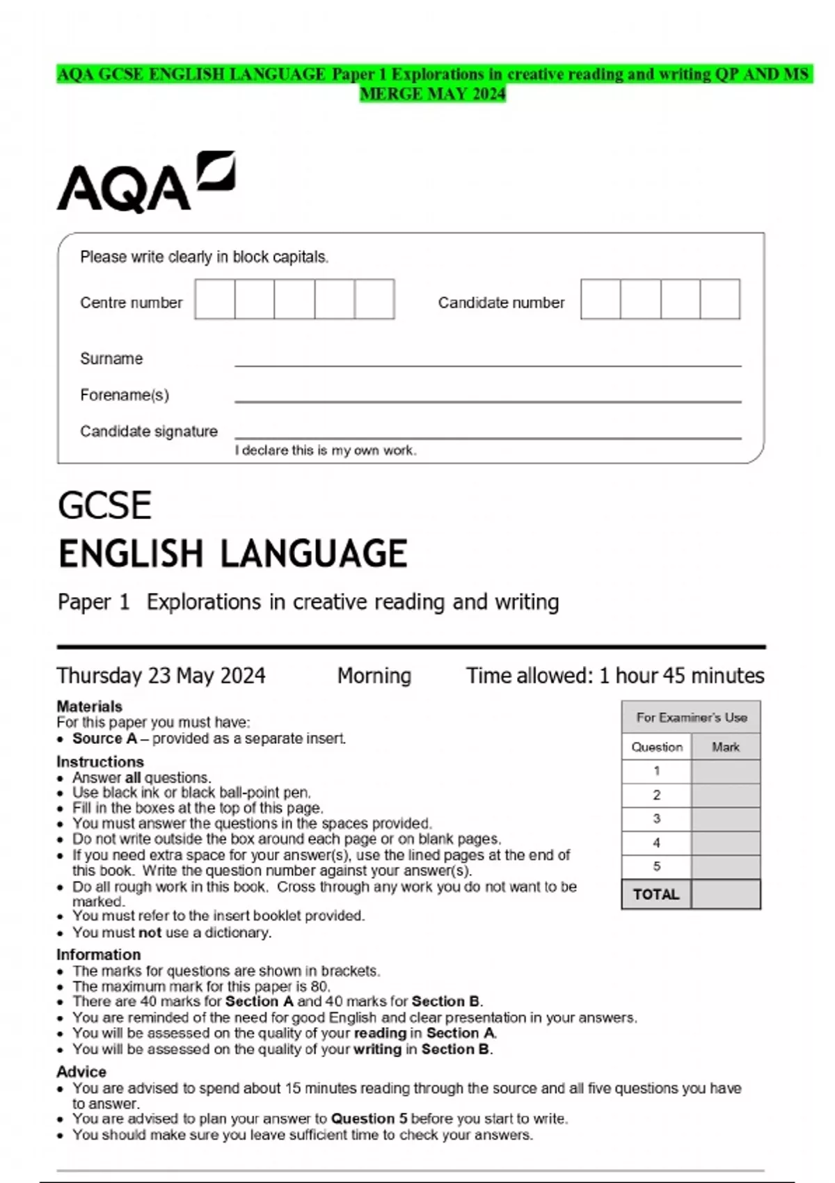 AQA GCSE ENGLISH LANGUAGE Paper 1 Explorations in creative reading and ...