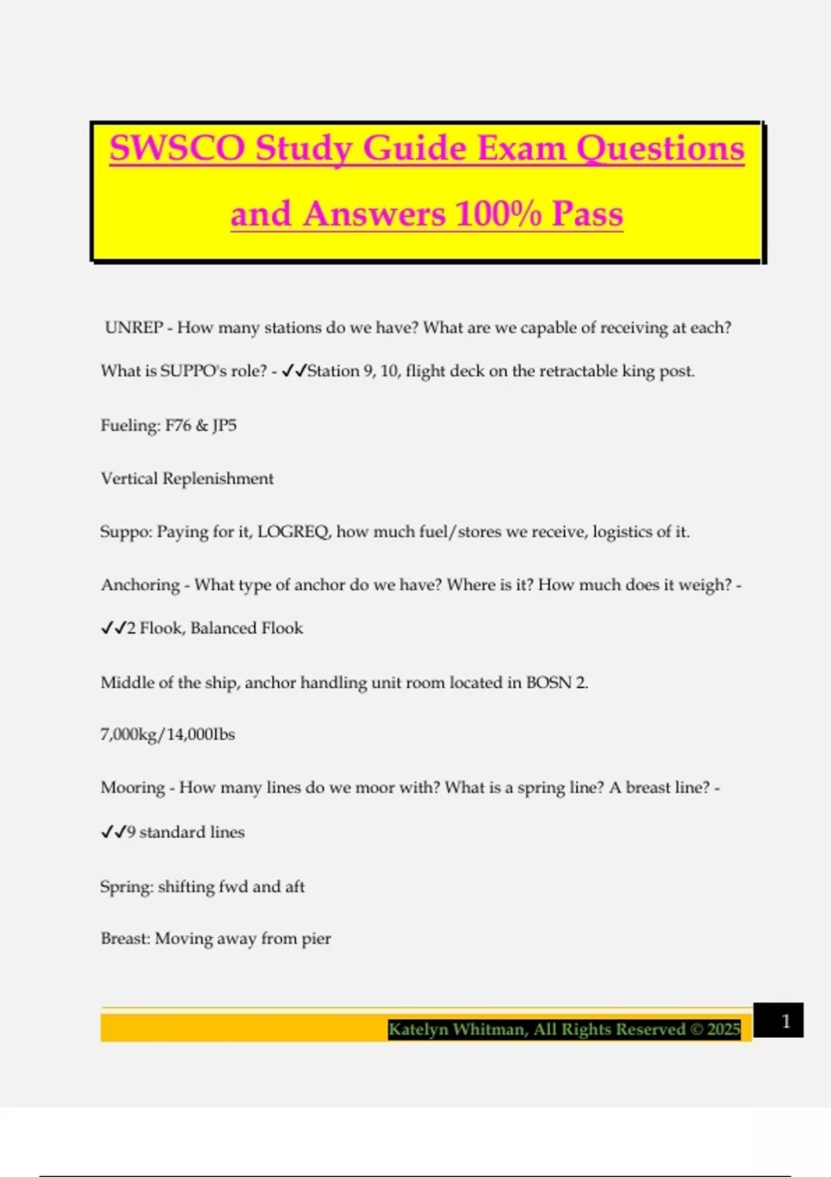 SWSCO Study Guide Exam Questions and Answers 100% Pass - SWSCO - Stuvia US