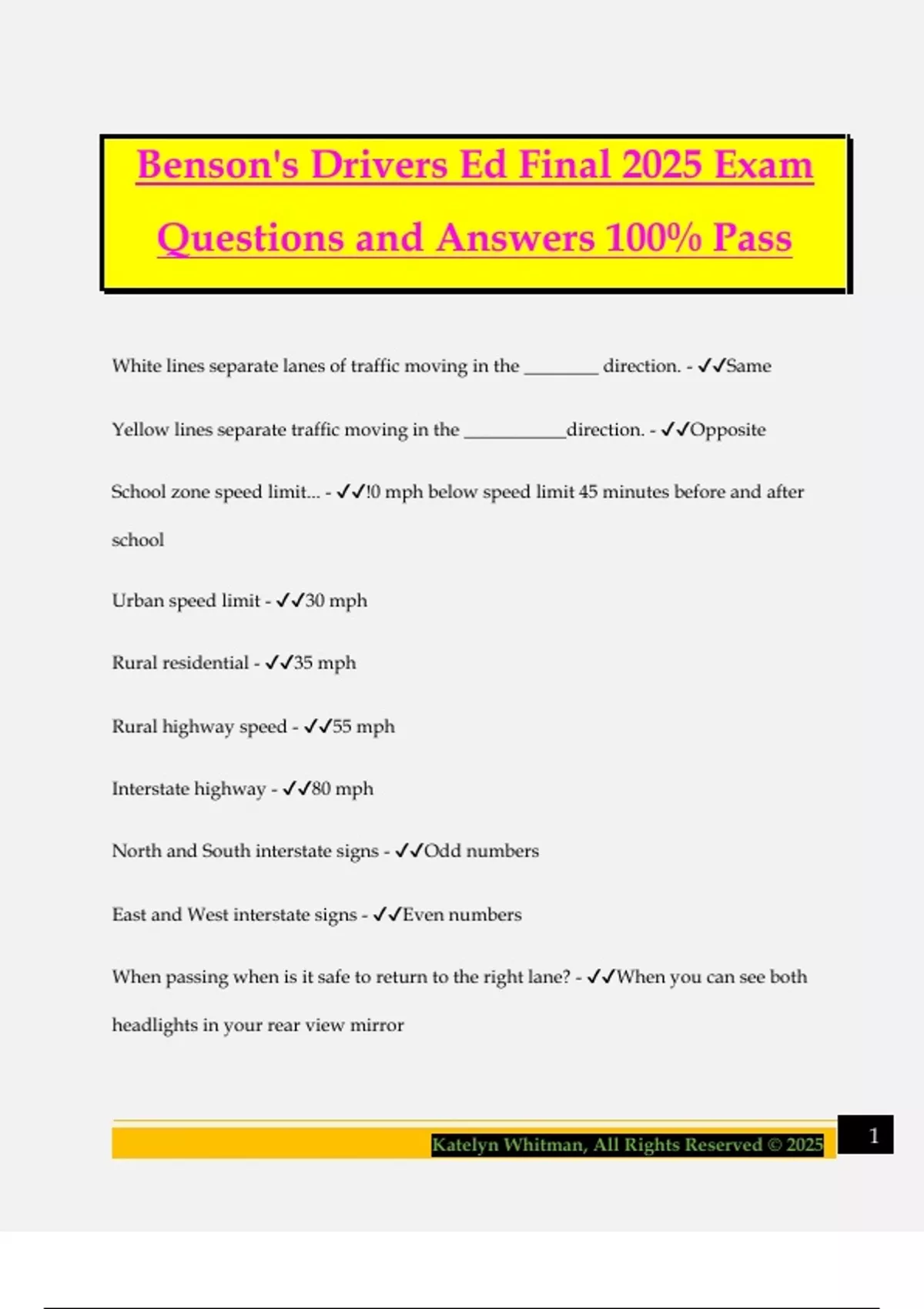 Benson's Drivers Ed Final 2025 Exam Questions and Answers 100% Pass ...