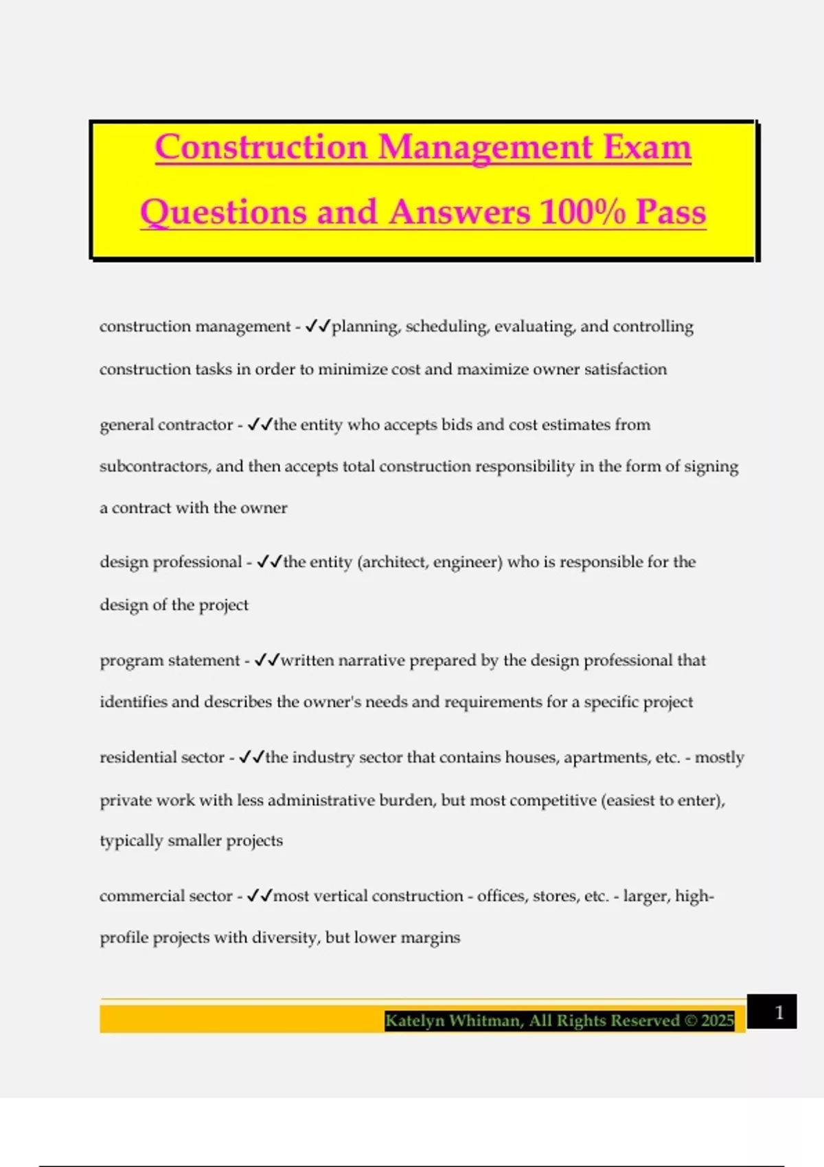 Construction Management Bundled Exams Questions and Answers 100% Pass ...
