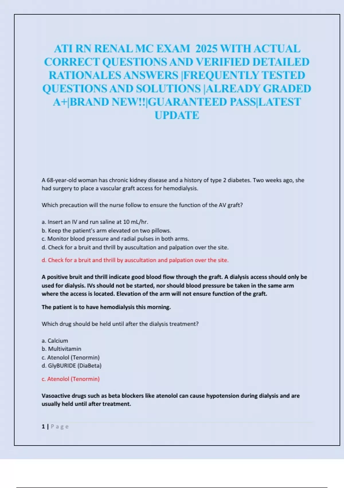 ATI RN RENAL MC EXAM 2025 WITH ACTUAL CORRECT QUESTIONS AND VERIFIED ...