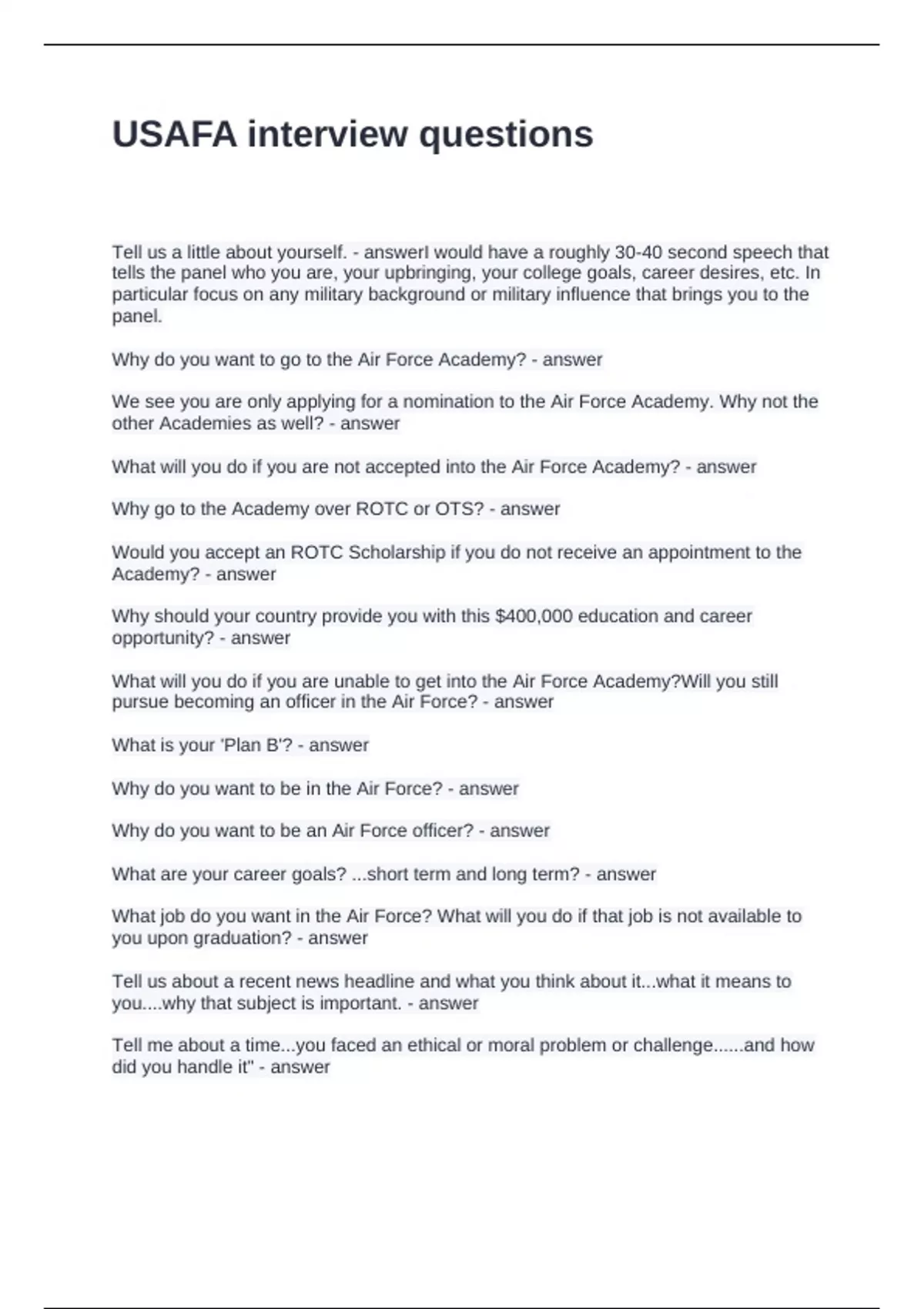 USAFA interview questions with solutions - USAFA - Stuvia US