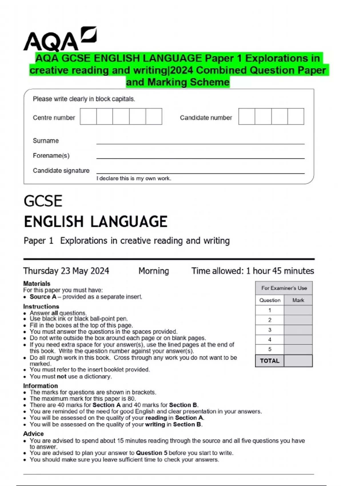 AQA GCSE ENGLISH LANGUAGE Paper 1 Explorations in creative reading and ...