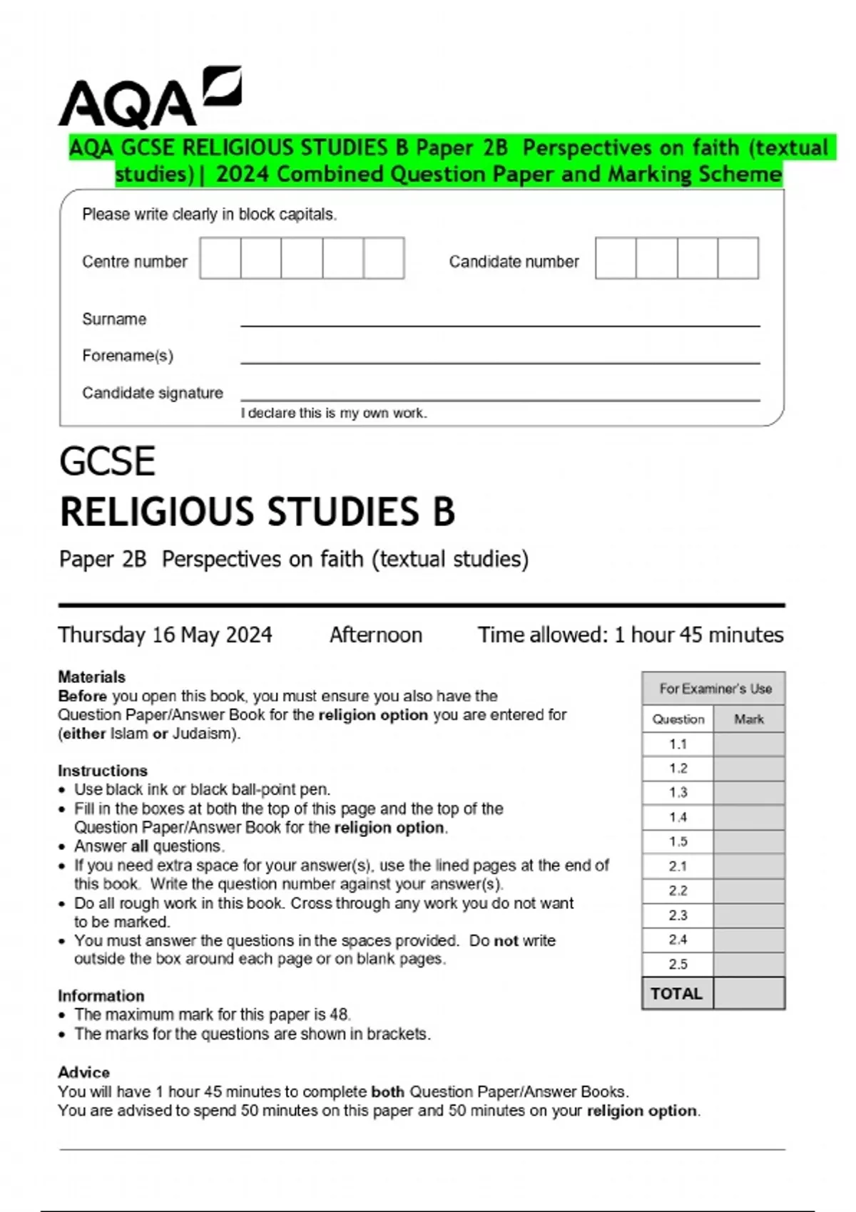 AQA GCSE RELIGIOUS STUDIES B Paper 2B Perspectives on faith (textual ...