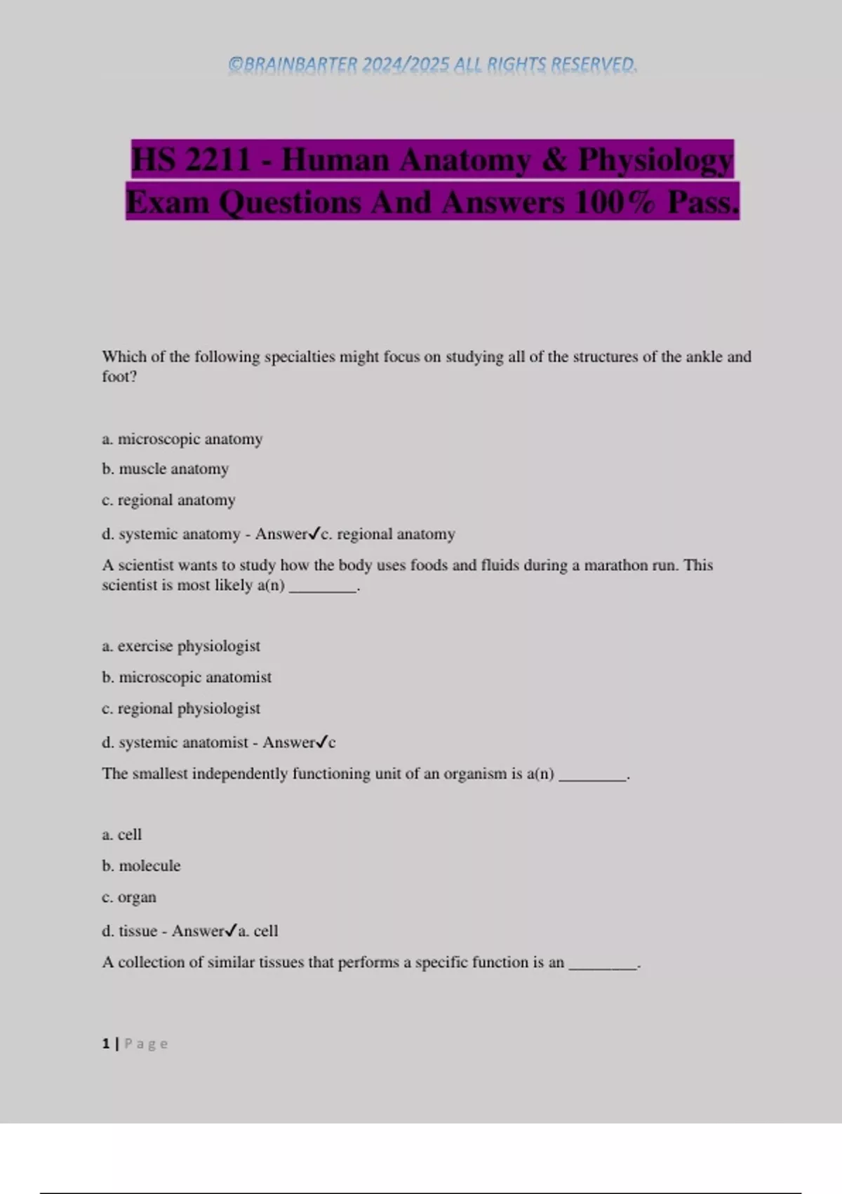 HS 2211 - Human Anatomy & Physiology Exam Questions And Answers 100% ...
