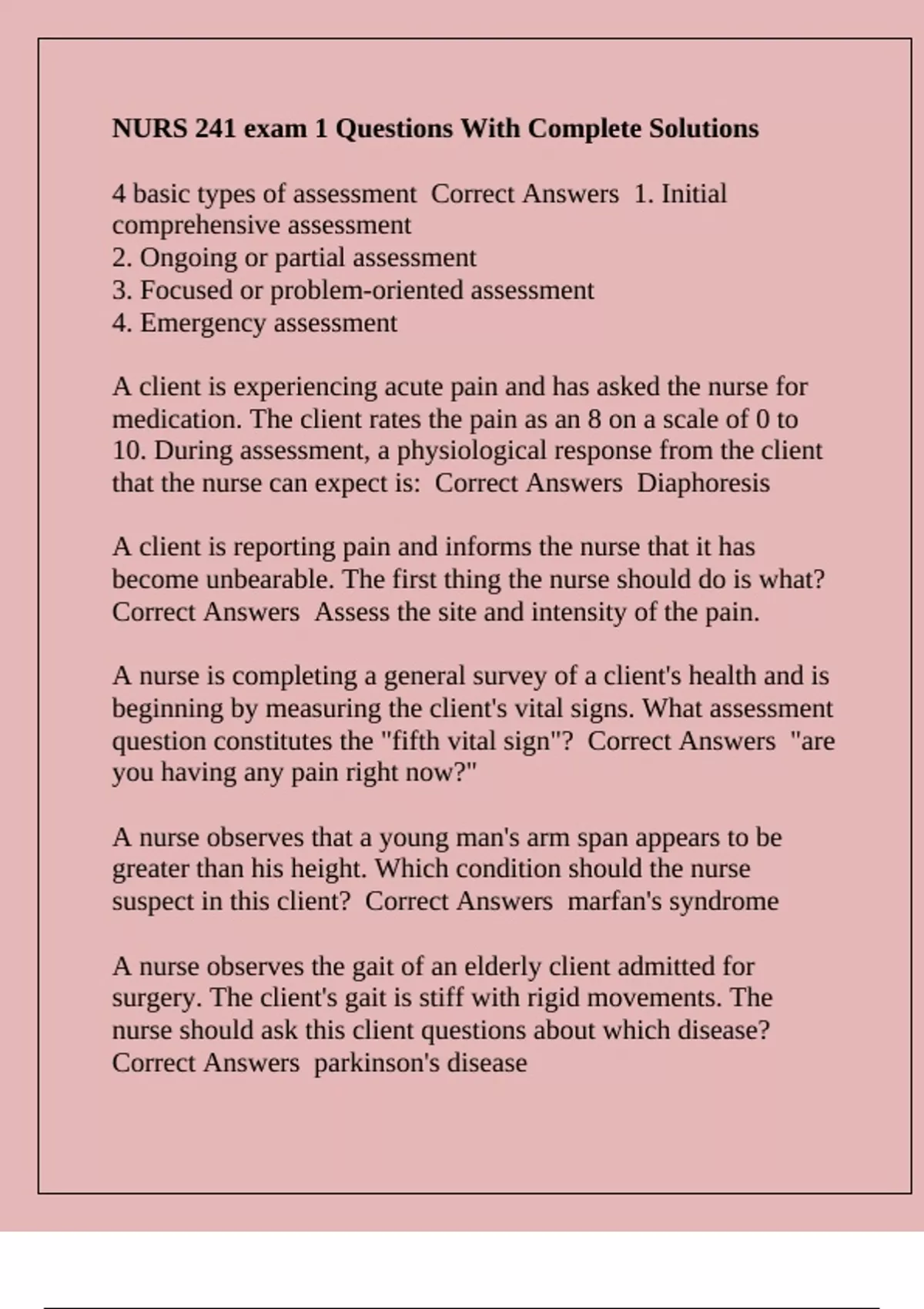 NURS 241 exam 1 Questions With Complete Solutions - NURS 241 - Stuvia US