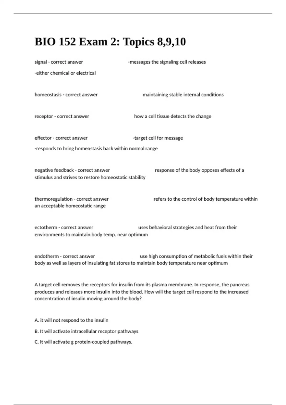 BIO 152 Exam 2: Topics 8,9,10 Questions And Correct Detailed Answers ...