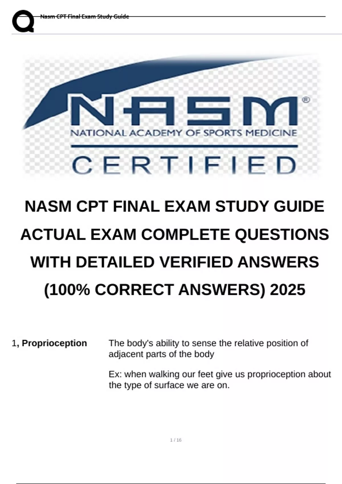 NASM CPT FINAL EXAM STUDY GUIDE ACTUAL EXAM COMPLETE QUESTIONS WITH ...