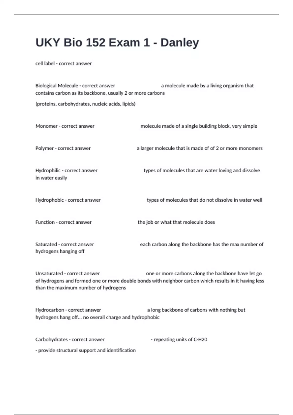 UKY Bio 152 Exam 1 - Danley Questions And Correct Detailed Answers 100% ...