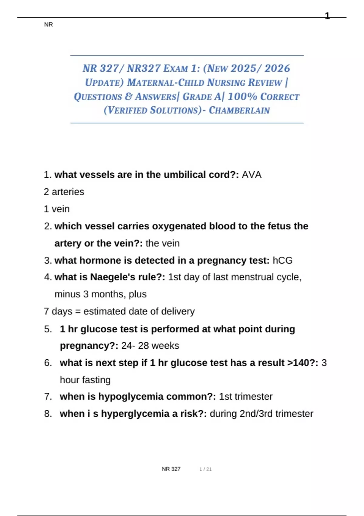 NR 327 / NR327 Exam 1 2026/2027 Chamberlain | Maternal-Child Nursing ...