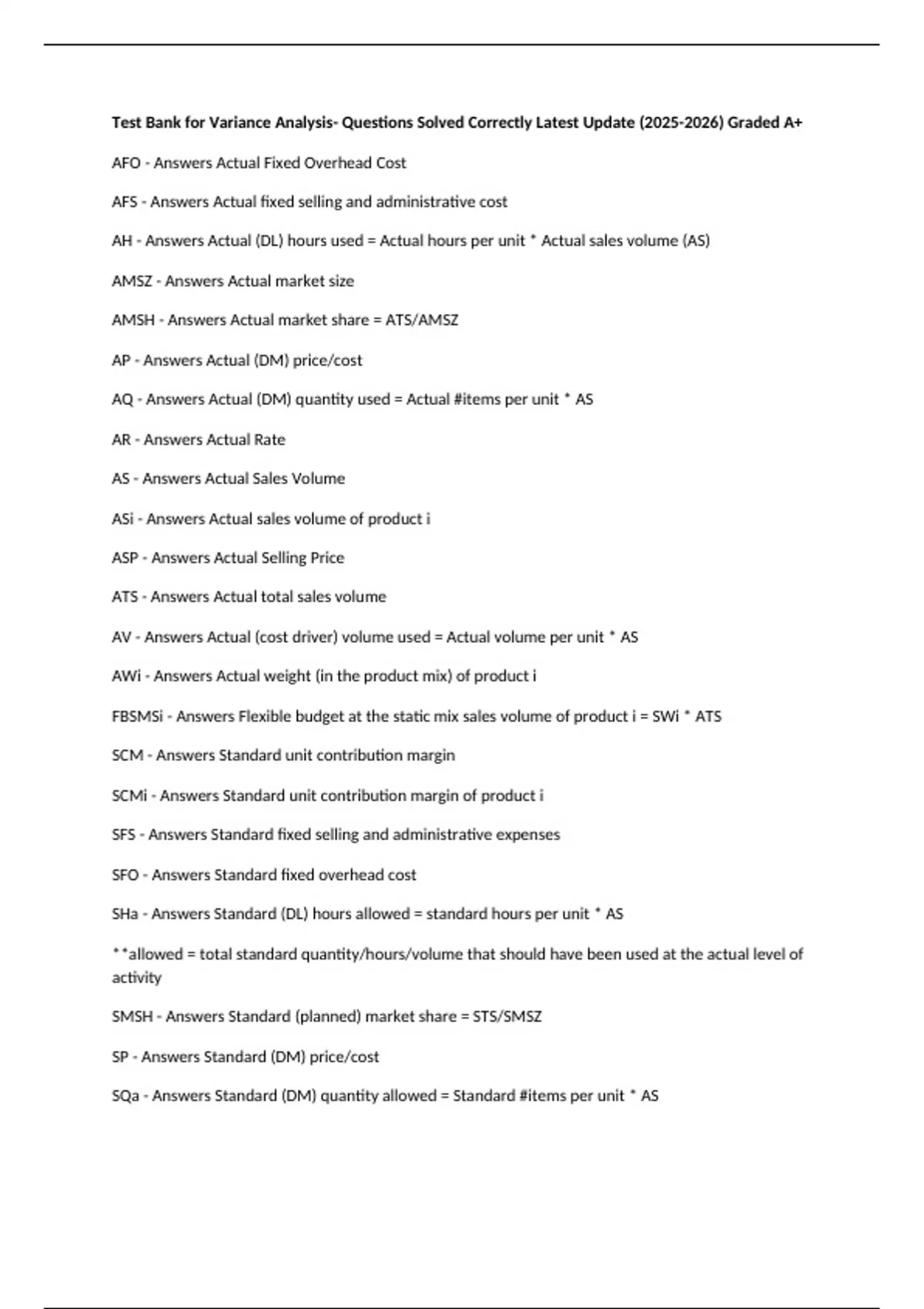 Test Bank for Variance Analysis- Questions Solved Correctly Latest ...