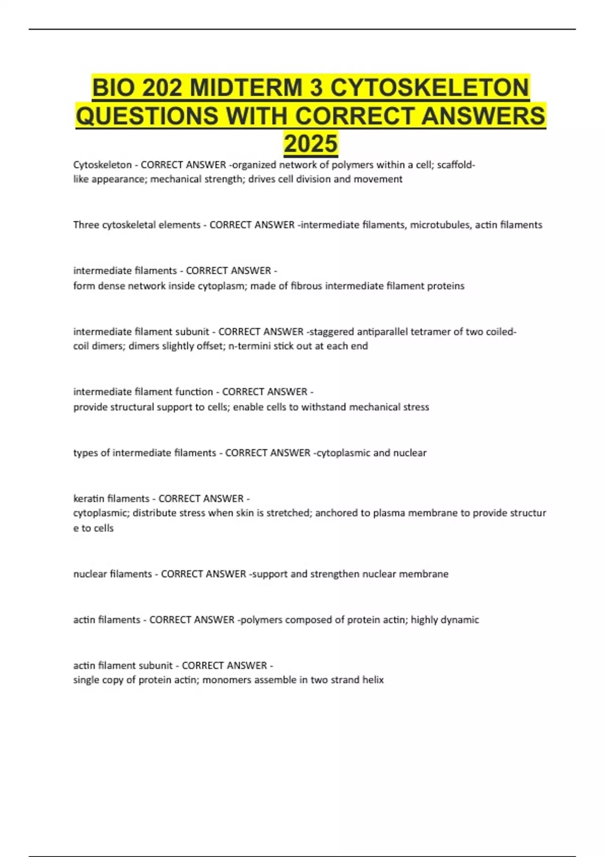 BIO 202 MIDTERM 3 CYTOSKELETON QUESTIONS WITH CORRECT ANSWERS 2025 ...
