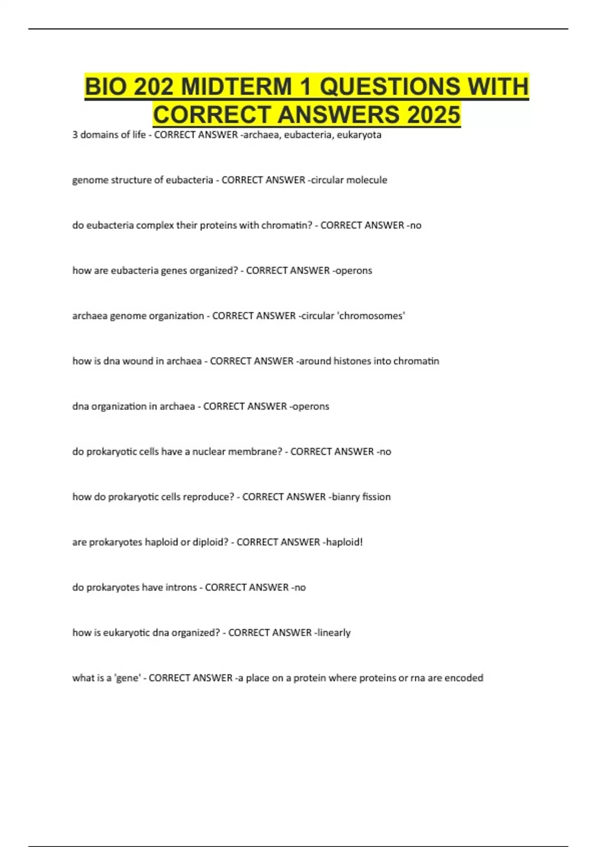 BIO 202 MIDTERM 1 QUESTIONS WITH CORRECT ANSWERS 2025 - BIO 202 - Stuvia US