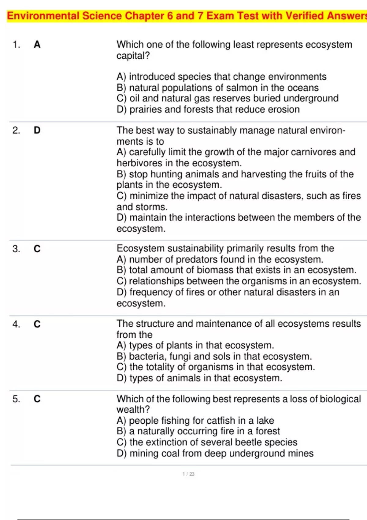Environmental Science Chapter 6 and 7 Exam Test with Verified Answers ...