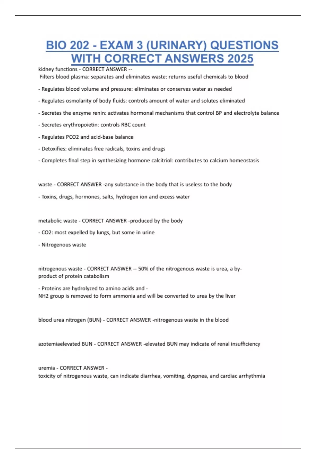 BIO 202 - EXAM 3 (URINARY) QUESTIONS WITH CORRECT ANSWERS 2025 - BIO ...