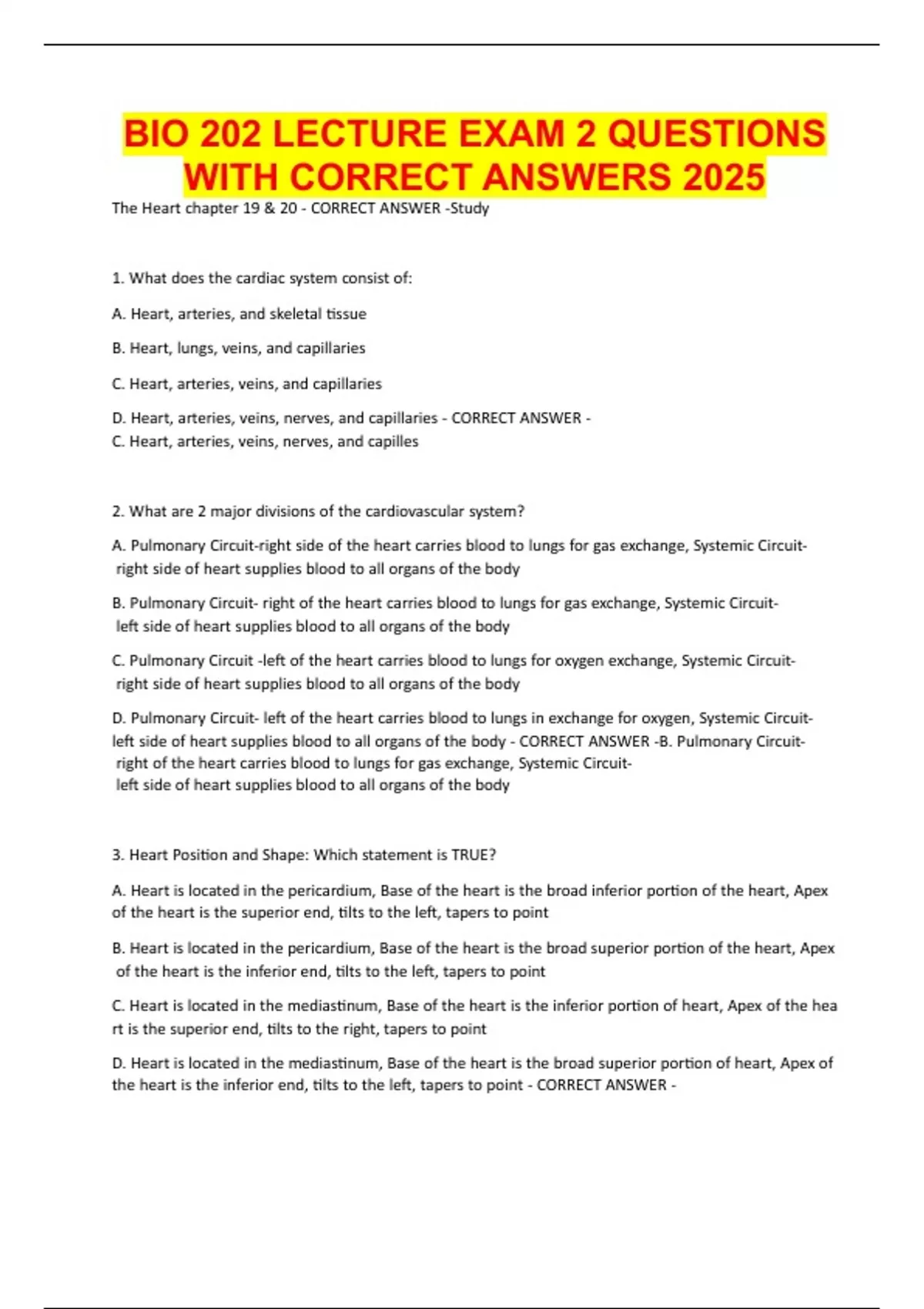 BIO 202 LECTURE EXAM 2 QUESTIONS WITH CORRECT ANSWERS 2025 - BIO 202 ...